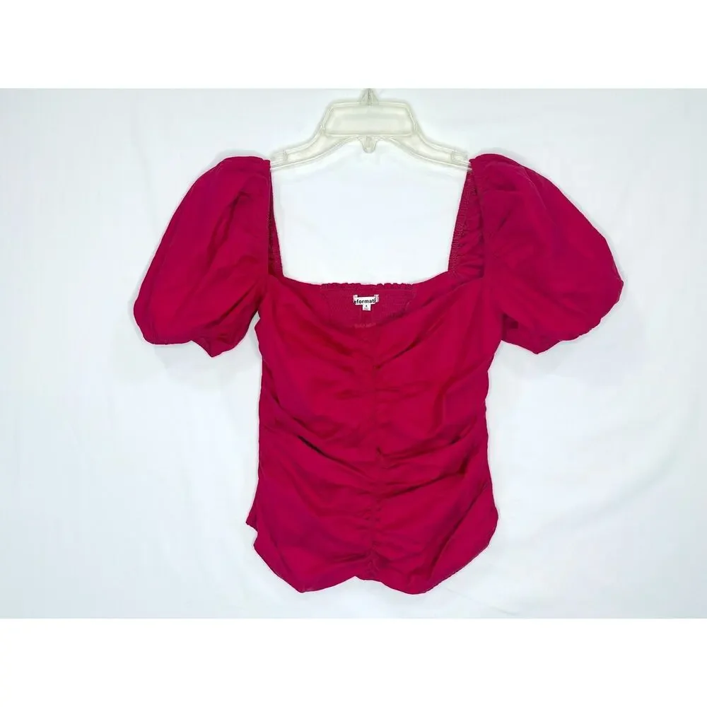 Reformation Women's 4 Magenta Puff Sleeve Ruched Top Sweetheart Smocked Cotton